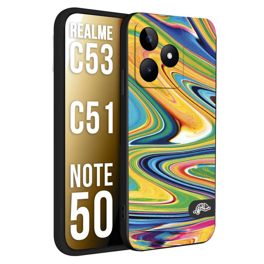 CUSTOMIZZA - Custodia cover nera morbida in tpu compatibile per Realme C53 - C51 - NOTE 50 colorata fantasia vortice marmo arcobaleno gialla verde blu