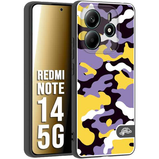 CUSTOMIZZA - Custodia cover nera morbida in tpu compatibile per Xiaomi Redmi Note 14 5G camouflage mimetico militare viola lilla giallo