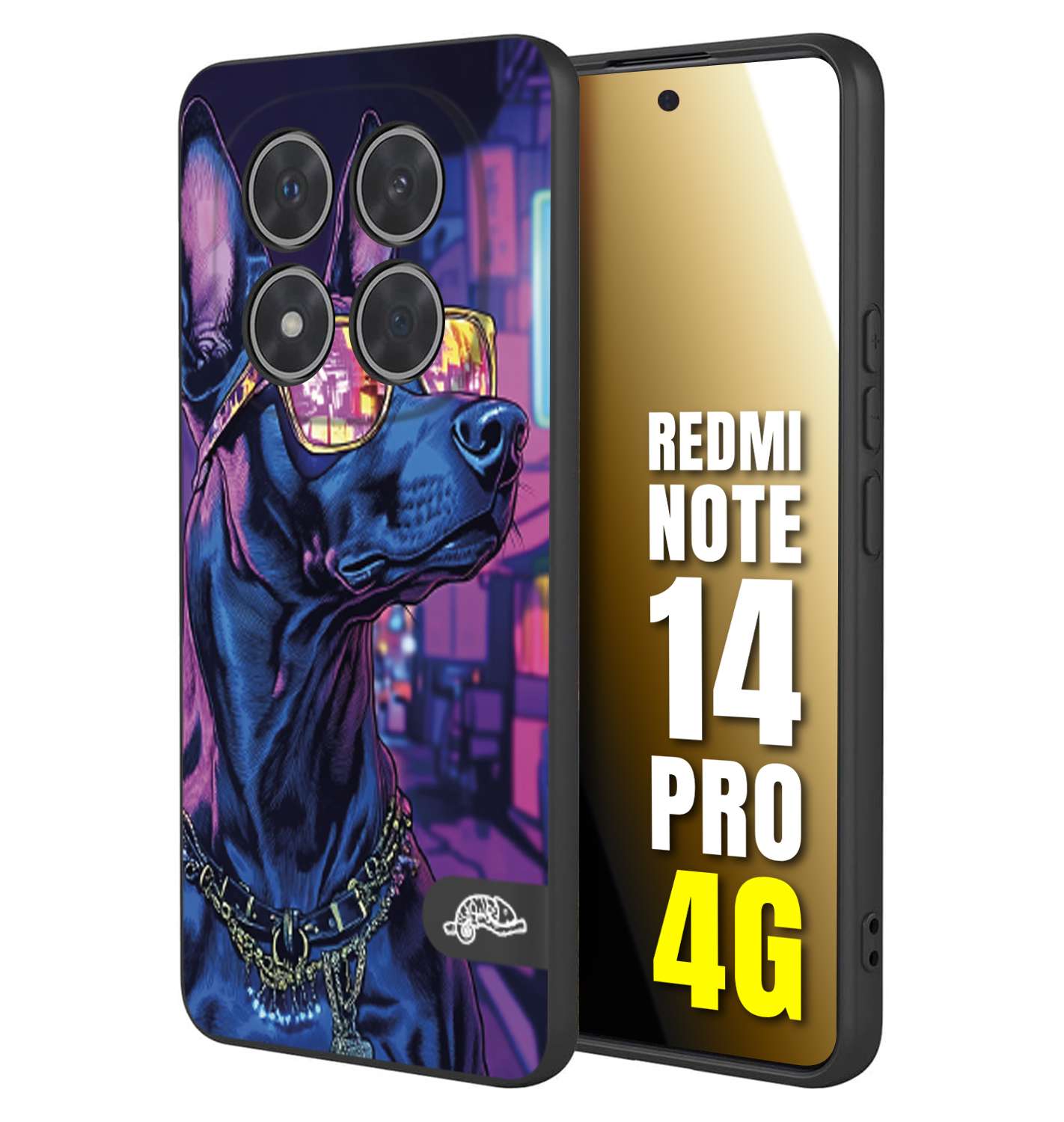 CUSTOMIZZA - Custodia cover nera morbida in tpu compatibile per Xiaomi Redmi Note 14 PRO 4G animali cyberpunk dobermann cane street dog fucsia blu night