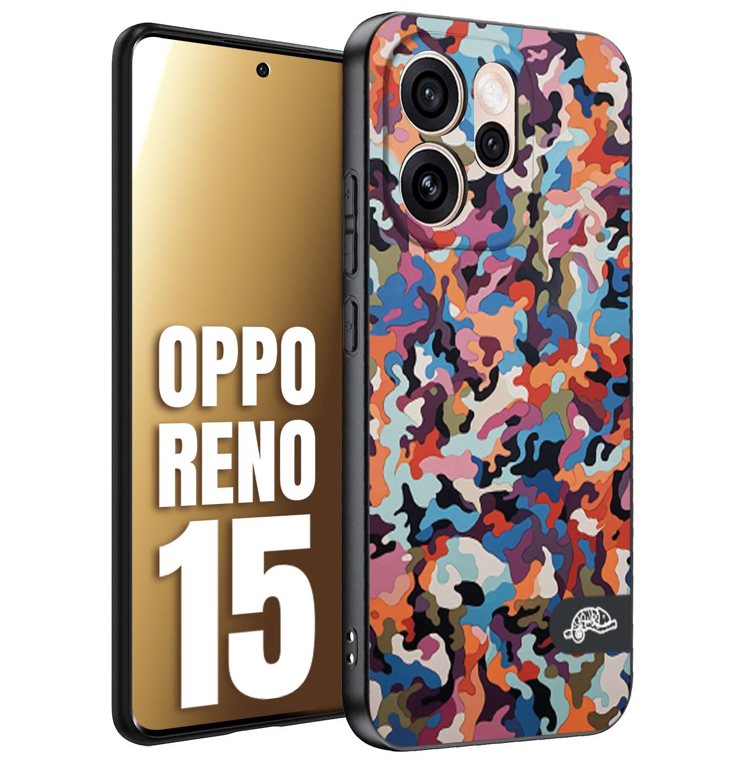 CUSTOMIZZA - Custodia cover nera morbida in tpu compatibile per Oppo Reno 15 camouflage mimetico militare moderno blu arancio rosa