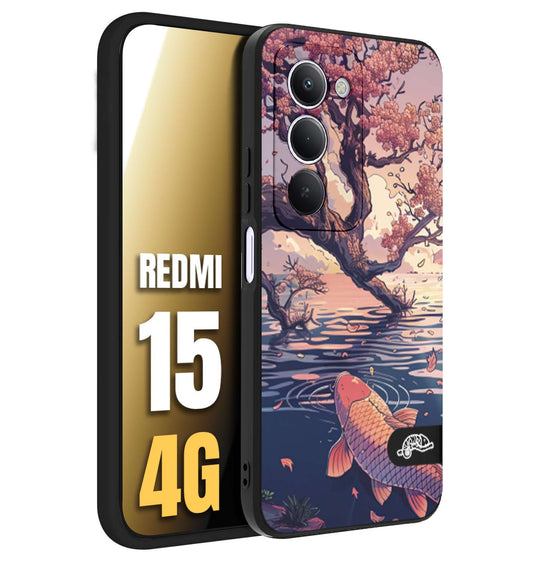 CUSTOMIZZA - Custodia cover nera morbida in tpu compatibile per Xiaomi Redmi 15 4G giapponese lago carpa koi rosa con foglie d'acero disegnata tattoo