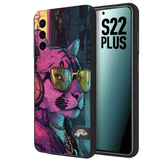 CUSTOMIZZA - Custodia cover nera morbida in tpu compatibile per Samsung S22 PLUS animali cyberpunk pantera street cat fucsia blu giallo