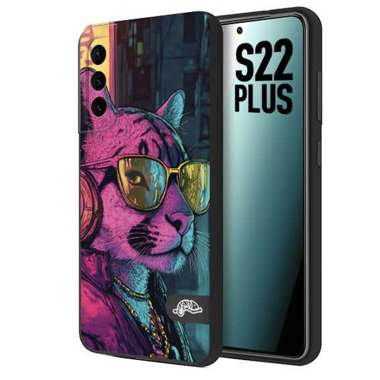 CUSTOMIZZA - Custodia cover nera morbida in tpu compatibile per Samsung S22 PLUS animali cyberpunk pantera street cat fucsia blu giallo