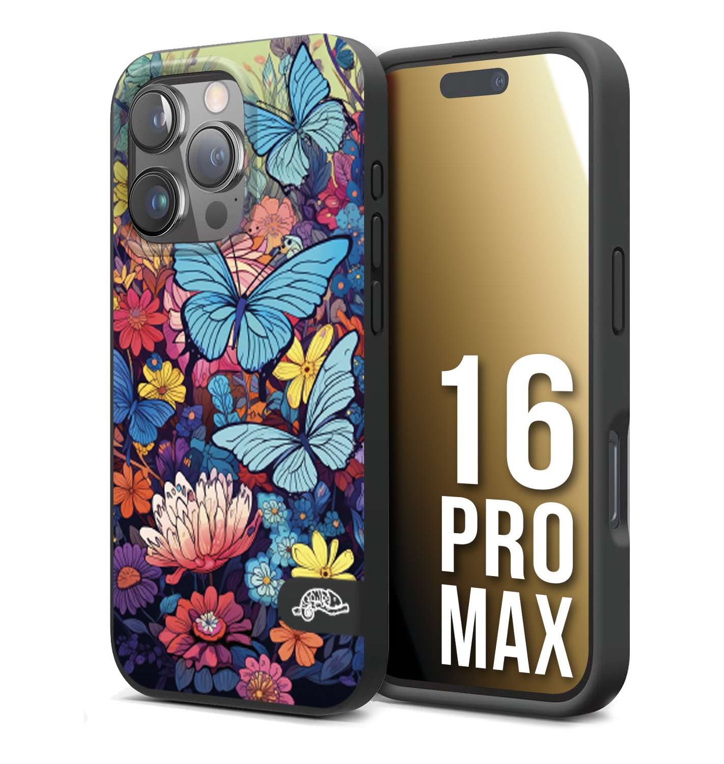 CUSTOMIZZA - Custodia cover nera morbida in tpu compatibile per iPhone 16 PRO MAX farfalle butterfly moderno donna disegnate gialla blu rosa