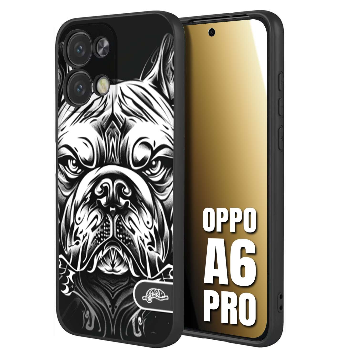 CUSTOMIZZA - Custodia cover nera morbida in tpu compatibile per Oppo A6 PRO bulldog bianco a rilievo disegnato tattoo tatuaggio