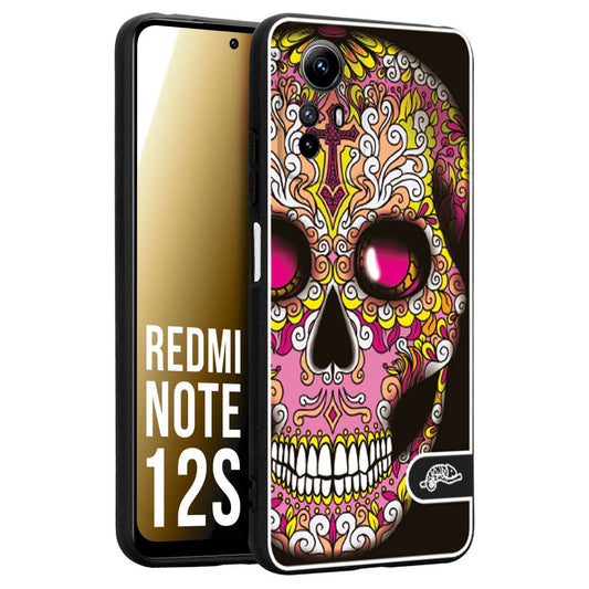CUSTOMIZZA - Custodia cover nera morbida in tpu compatibile per Xiaomi Redmi Note 12S teschio messicano Mexican skull rosa gialla