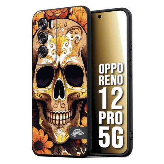 CUSTOMIZZA - Custodia cover nera morbida in tpu compatibile per Oppo Reno 12 PRO 5G teschio messicano colorato dorato fiori tattoo disegnato