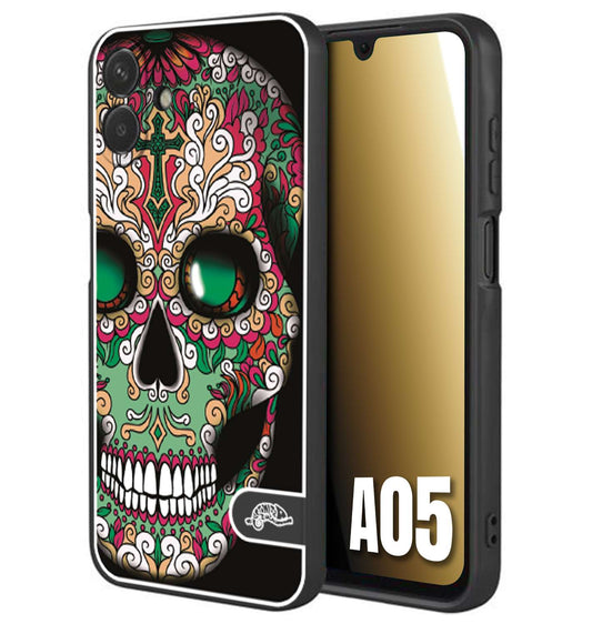 CUSTOMIZZA - Custodia cover nera morbida in tpu compatibile per Samsung A05 teschio messicano Mexican skull verde fucsia