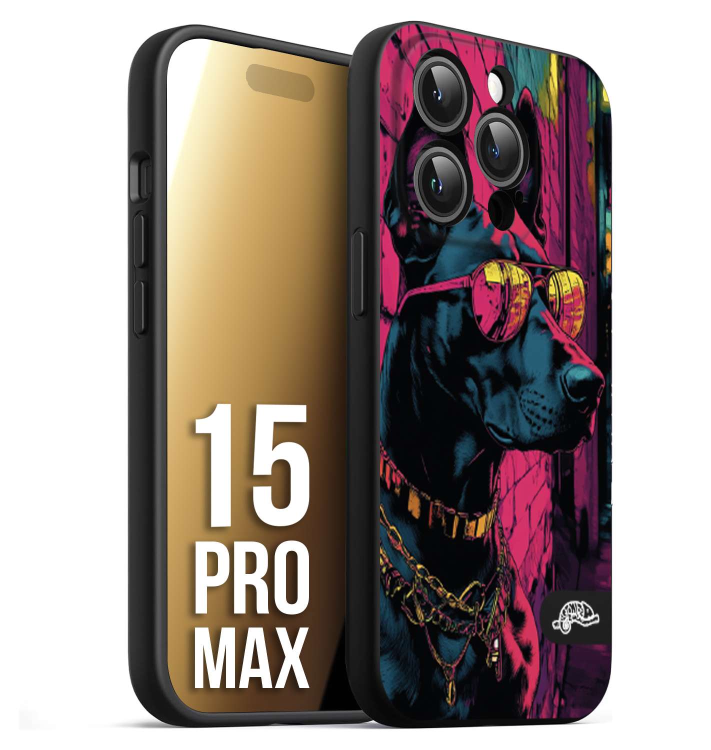 CUSTOMIZZA - Custodia cover nera morbida in tpu compatibile per iPhone 15 PRO MAX animali cyberpunk dobermann cane street dog fucsia blu