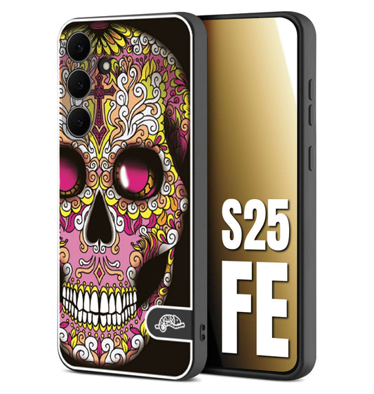CUSTOMIZZA - Custodia cover nera morbida in tpu compatibile per Samsung S25 FE teschio messicano Mexican skull rosa gialla