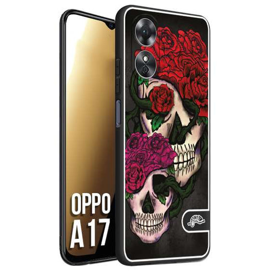 CUSTOMIZZA - Custodia cover nera morbida in tpu compatibile per Oppo A17 teschi e rose rosse fucsia skull and roses