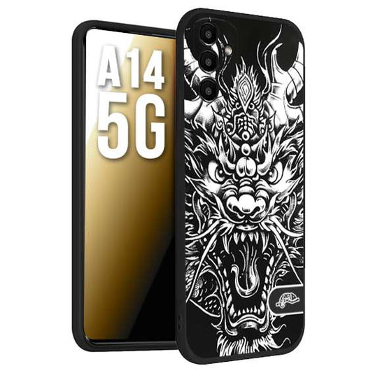 CUSTOMIZZA - Custodia cover nera morbida in tpu compatibile per Samsung A14 5G drago black and white bianco a rilievo disegnato tattoo tatuaggio