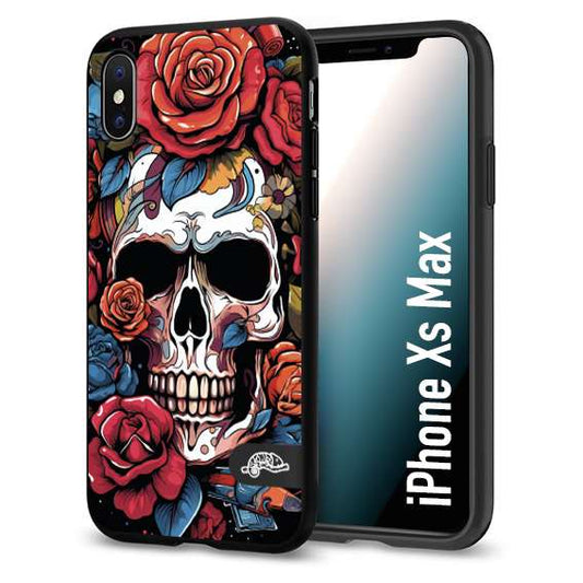 CUSTOMIZZA - Custodia cover nera morbida in tpu compatibile per iPhone XS MAX teschio skull flowers fiori rose rosse tattoo disegnato