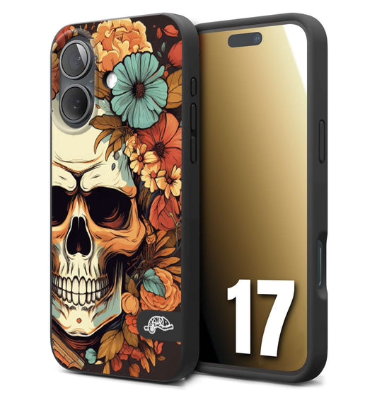 CUSTOMIZZA - Custodia cover nera morbida in tpu compatibile per iPhone 17 teschio skull flowers fiori autunnali arancio celeste tattoo