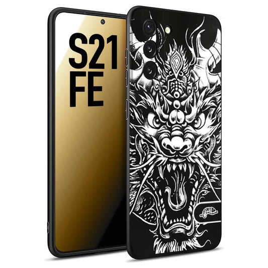 CUSTOMIZZA - Custodia cover nera morbida in tpu compatibile per Samsung S21 FE drago black and white bianco a rilievo disegnato tattoo tatuaggio