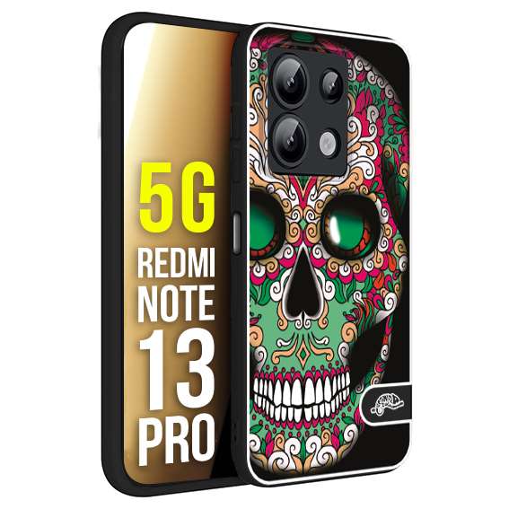 CUSTOMIZZA - Custodia cover nera morbida in tpu compatibile per Xiaomi Redmi Note 13 PRO 5G teschio messicano Mexican skull verde fucsia