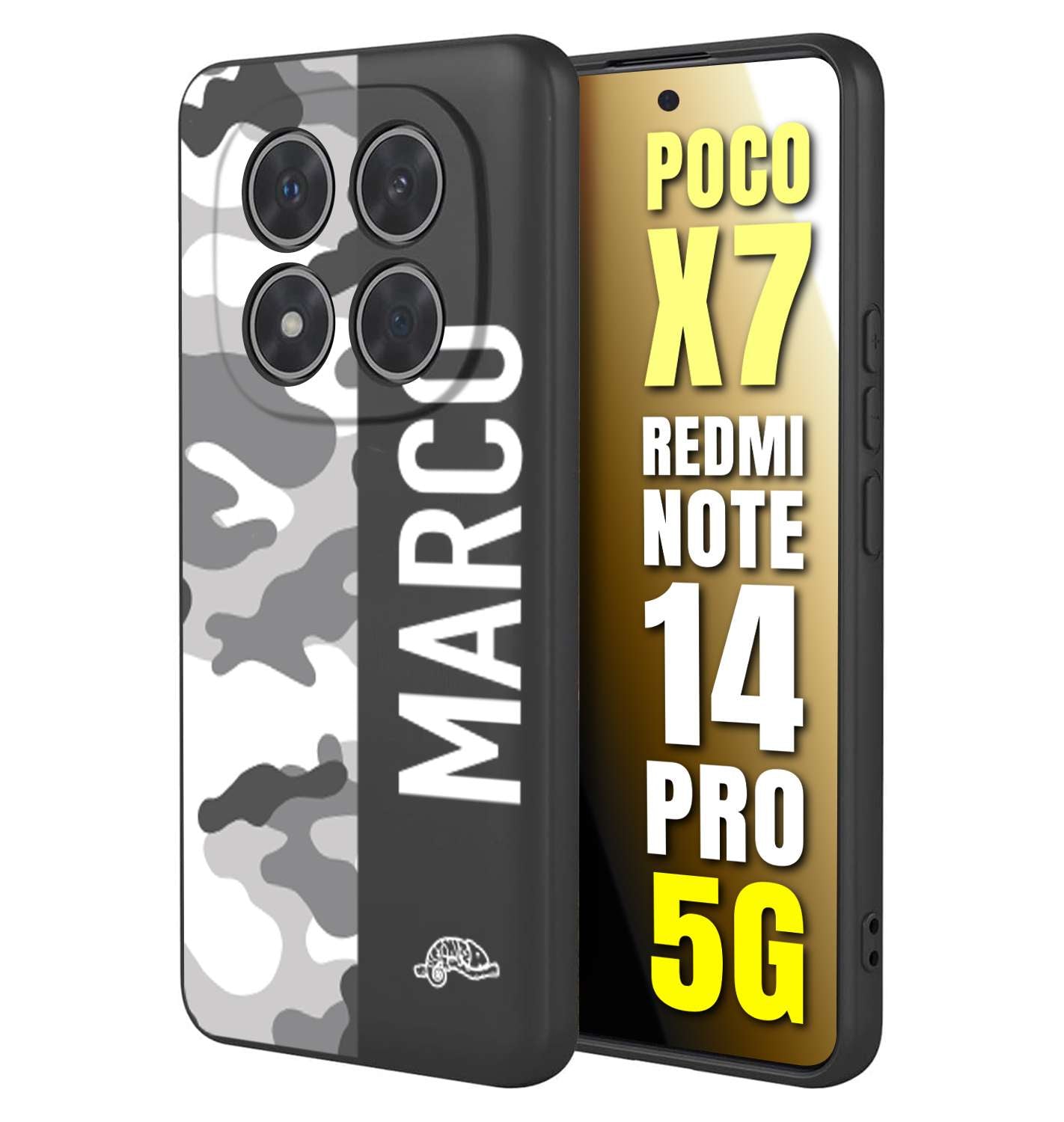 CUSTOMIZZA - Custodia cover nera morbida in tpu compatibile per Xiaomi Redmi Note 14 PRO 5G camouflage mimetico militare personalizzata nome bianco