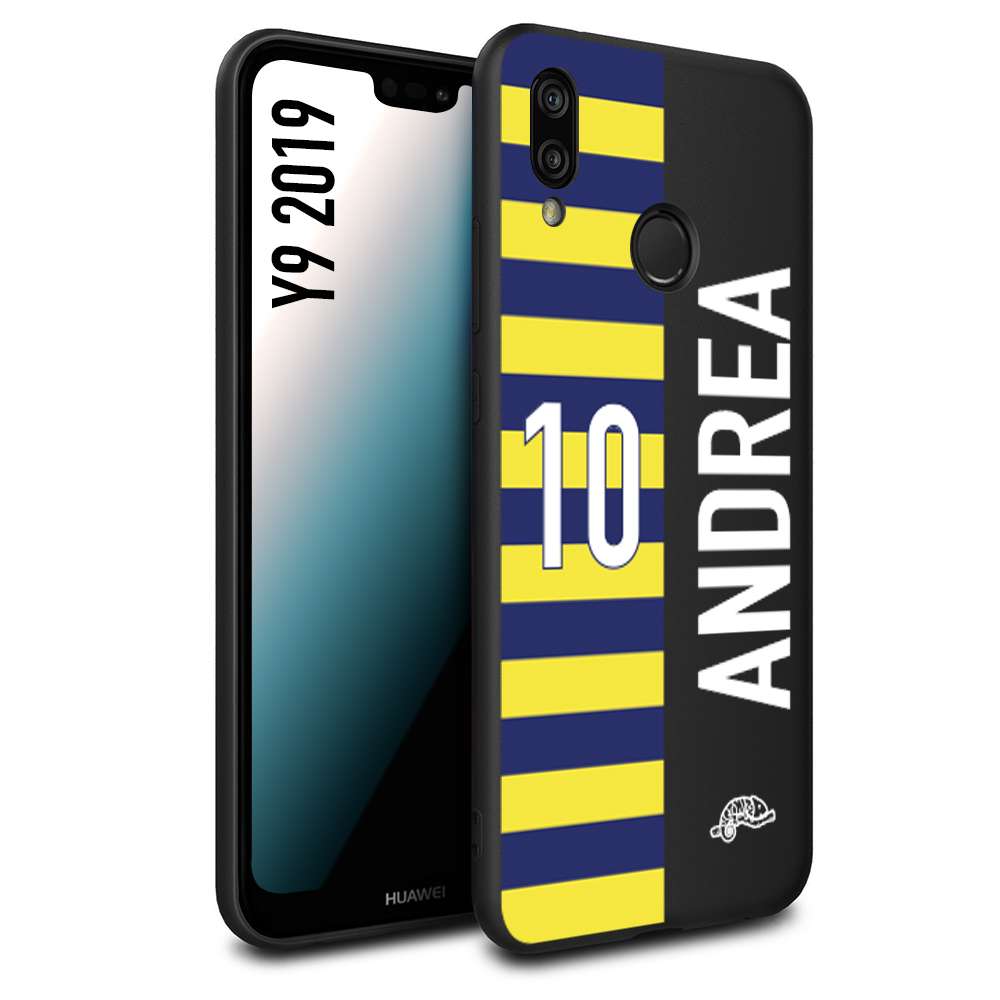 CUSTOMIZZA - Custodia cover nera morbida in tpu compatibile per Huawei Y9 2019 personalizzata calcio football nome e numero calciatori giallo blu