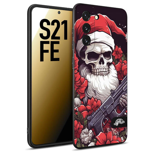 CUSTOMIZZA - Custodia cover nera morbida in tpu compatibile per Samsung S21 FE teschio natale santa claus fiori tattoo disegnato