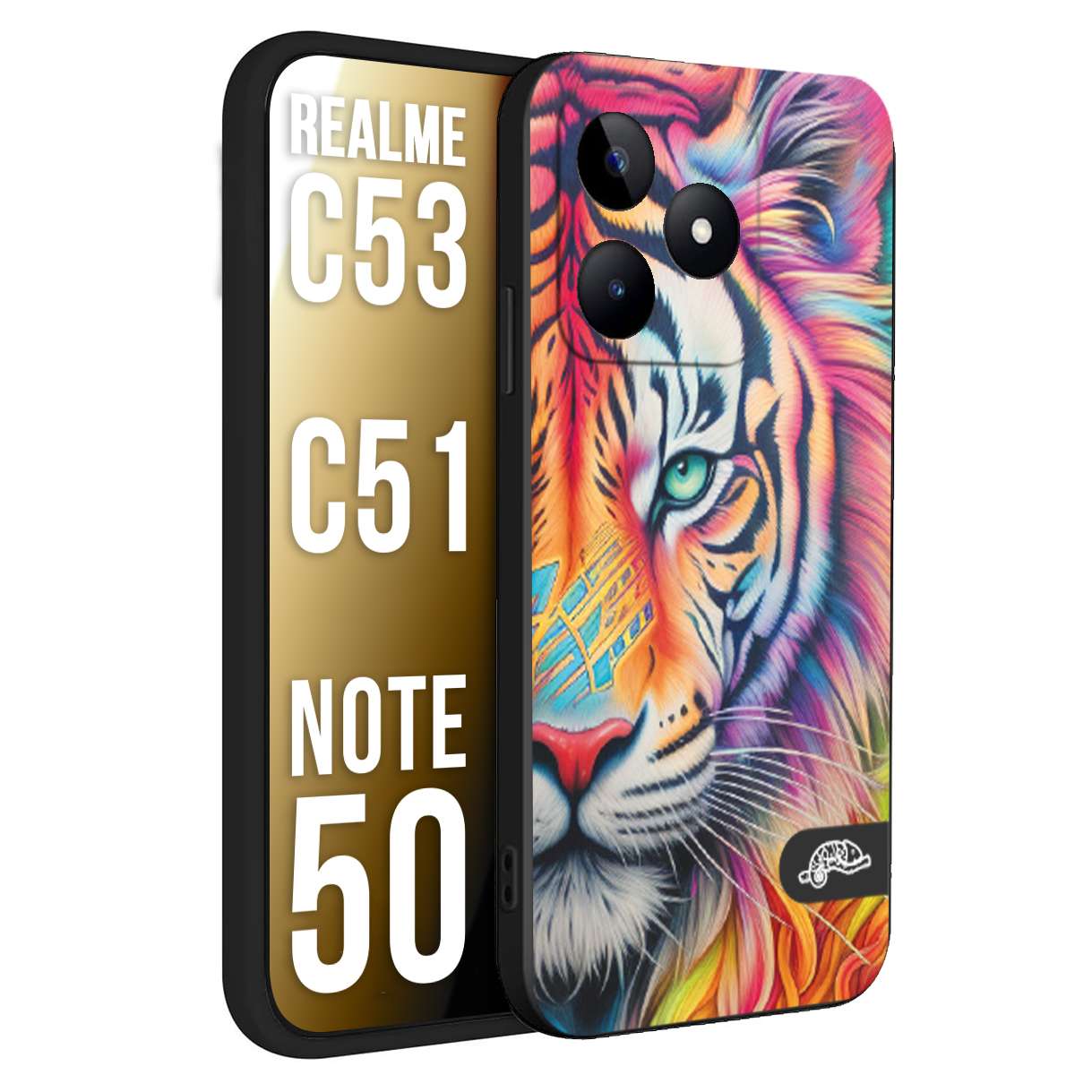 CUSTOMIZZA - Custodia cover nera morbida in tpu compatibile per Oppo Realme C53 - C51 - NOTE 50 animali color tigre tiger viso colori vibranti disegnato schizzo