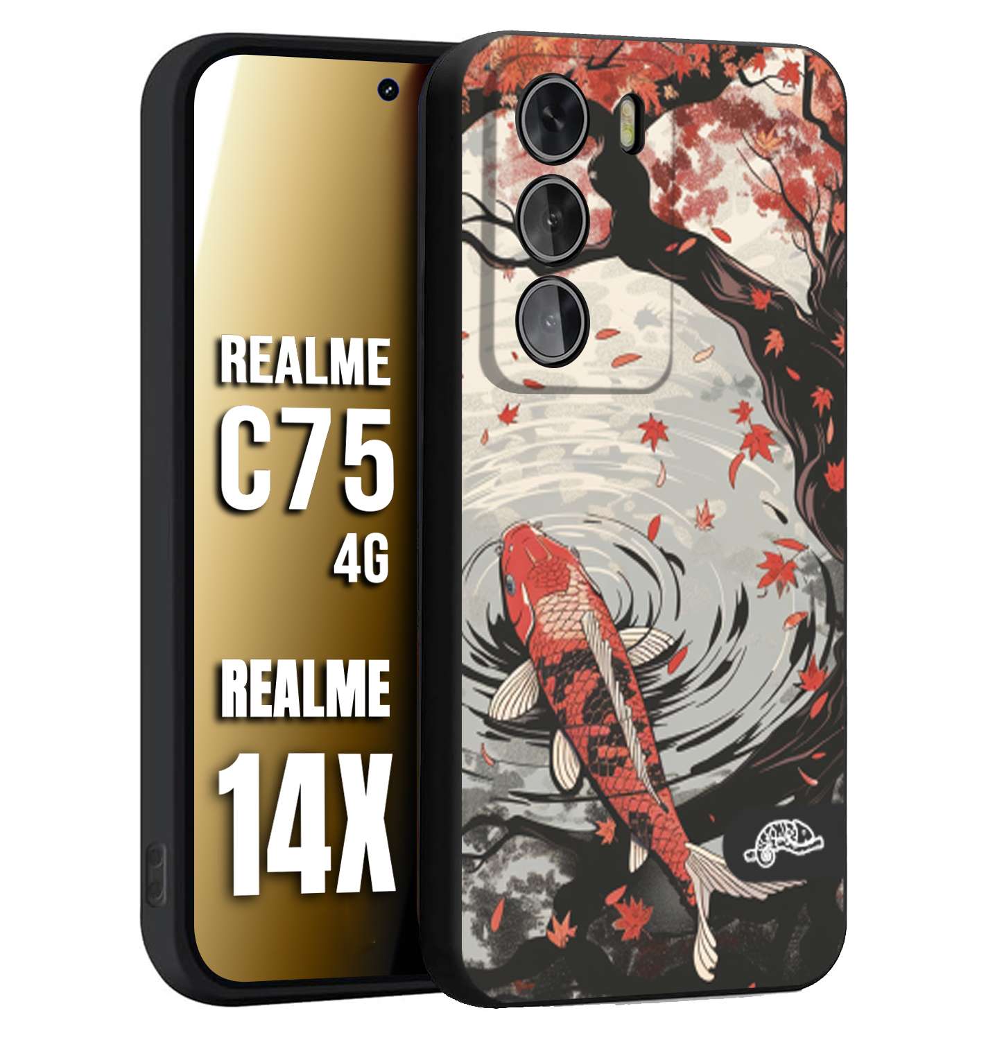 CUSTOMIZZA - Custodia cover nera morbida in tpu compatibile per Realme 14X - C75 4G giapponese lago carpa koi rossa con foglie d'acero rosso disegnata tattoo