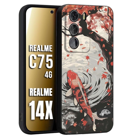 CUSTOMIZZA - Custodia cover nera morbida in tpu compatibile per Realme 14X - C75 4G giapponese lago carpa koi rossa con foglie d'acero rosso disegnata tattoo