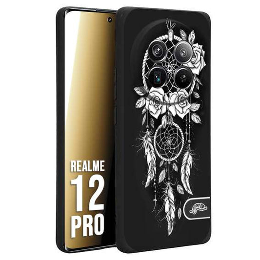 CUSTOMIZZA - Custodia cover nera morbida in tpu compatibile per Realme 12 PRO acchiappasogni dreamcatcher black and white bianco a rilievo disegnato tattoo tatuaggio