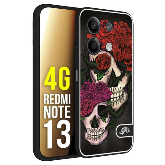 CUSTOMIZZA - Custodia cover nera morbida in tpu compatibile per Xiaomi Redmi Note 13 4G teschi e rose rosse fucsia skull and roses