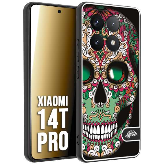 CUSTOMIZZA - Custodia cover nera morbida in tpu compatibile per Xiaomi 14T PRO teschio messicano Mexican skull verde fucsia