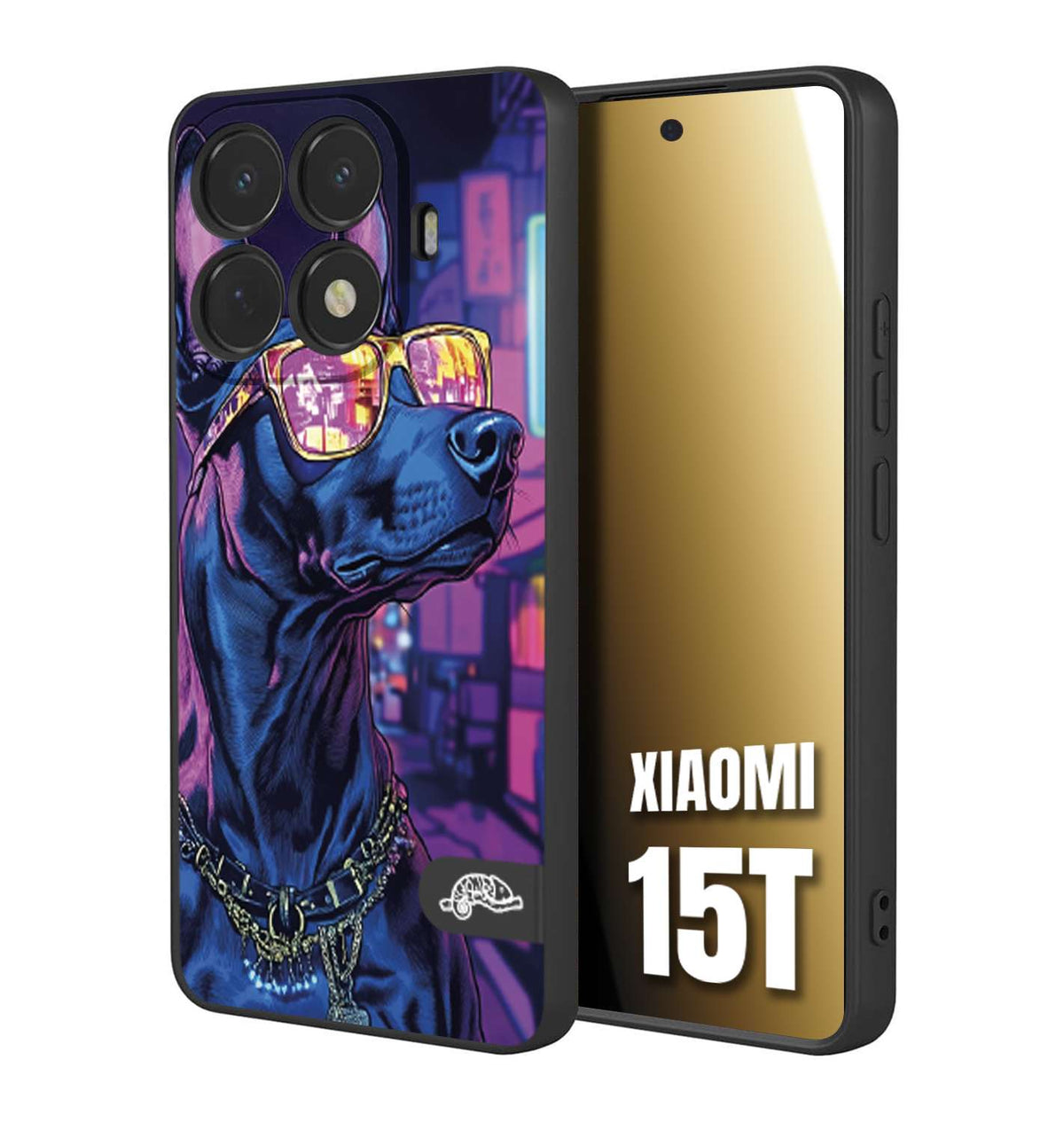 CUSTOMIZZA - Custodia cover nera morbida in tpu compatibile per Xiaomi 15T animali cyberpunk dobermann cane street dog fucsia blu night