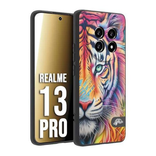 CUSTOMIZZA - Custodia cover nera morbida in tpu compatibile per Realme 13 PRO animali color tigre tiger viso colori vibranti disegnato schizzo