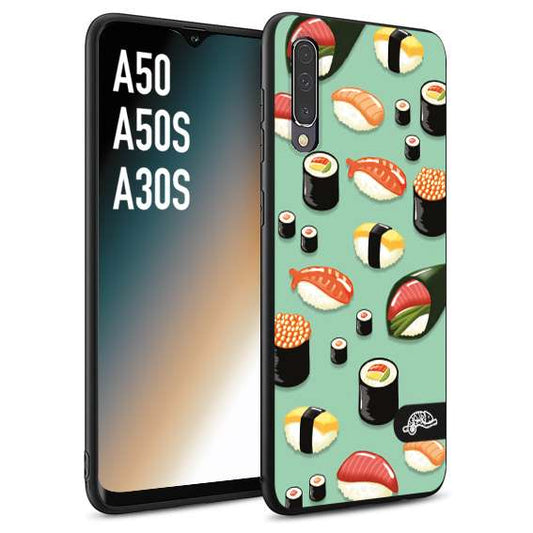 CUSTOMIZZA - Custodia cover nera morbida in tpu compatibile per Samsung A50 - A50S - A30S sushi disegni giapponese nighiri acquamarina verde