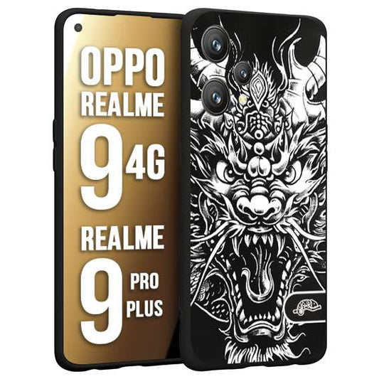 CUSTOMIZZA - Custodia cover nera morbida in tpu compatibile per Oppo Realme 9 4G - 9 PRO PLUS drago black and white bianco a rilievo disegnato tattoo tatuaggio