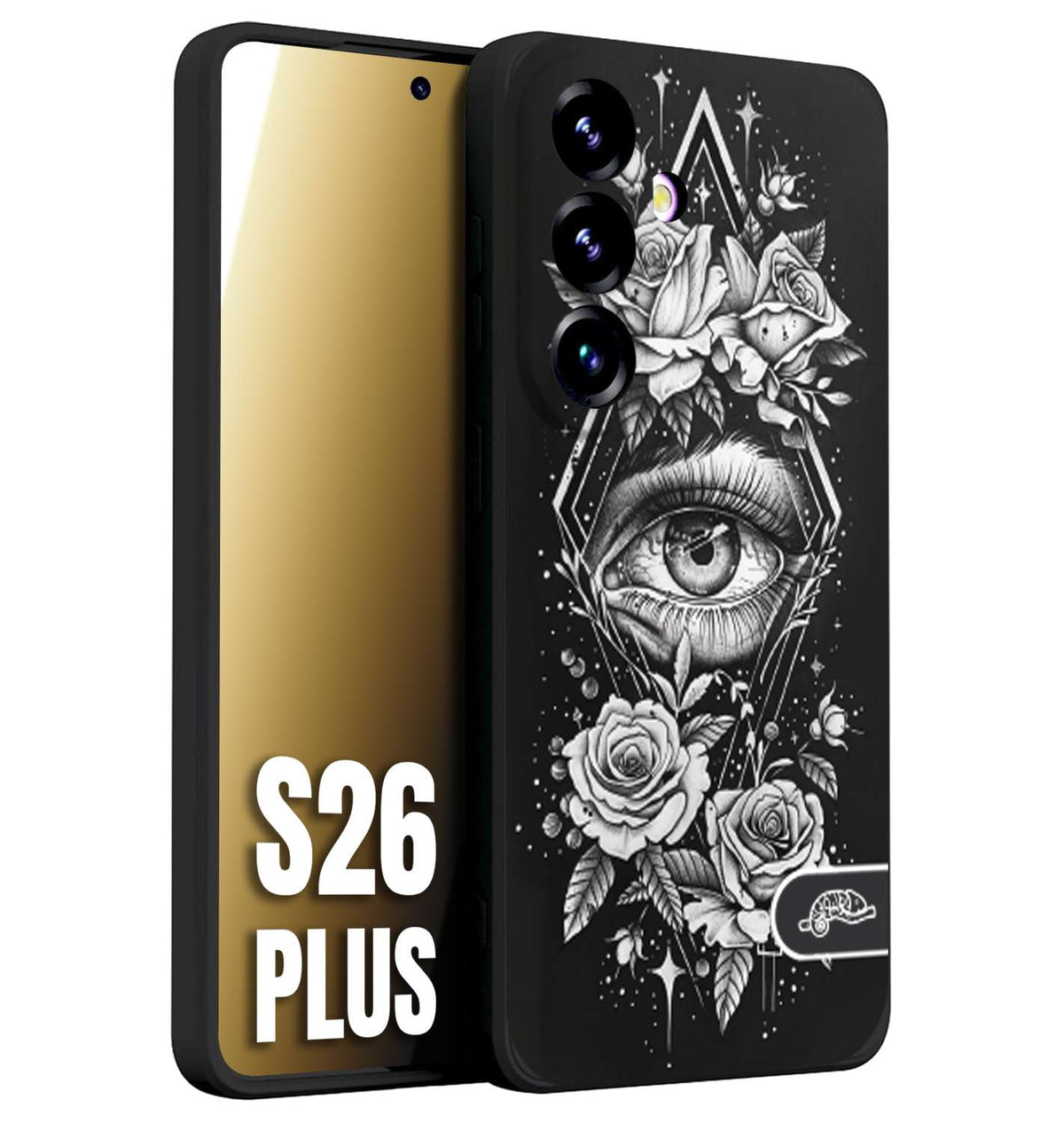 CUSTOMIZZA - Custodia cover nera morbida in tpu compatibile per Samsung S26 PLUS occhio fiori rombo geometrico black and white bianco a rilievo disegnato tattoo tatuaggio