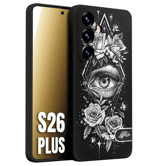 CUSTOMIZZA - Custodia cover nera morbida in tpu compatibile per Samsung S26 PLUS occhio fiori rombo geometrico black and white bianco a rilievo disegnato tattoo tatuaggio