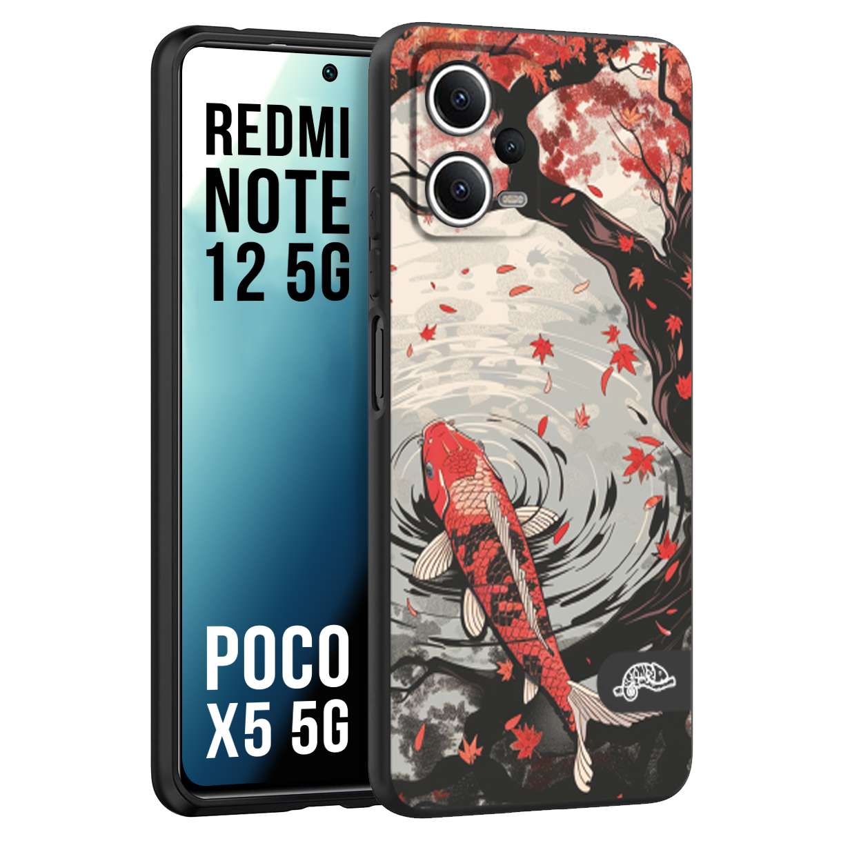 CUSTOMIZZA - Custodia cover nera morbida in tpu compatibile per Xiaomi Redmi Note 12 5G - POCO X5 5G giapponese lago carpa koi rossa con foglie d'acero rosso disegnata tattoo