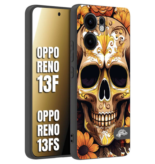 CUSTOMIZZA - Custodia cover nera morbida in tpu compatibile per Oppo Reno 13 F teschio messicano colorato dorato fiori tattoo disegnato
