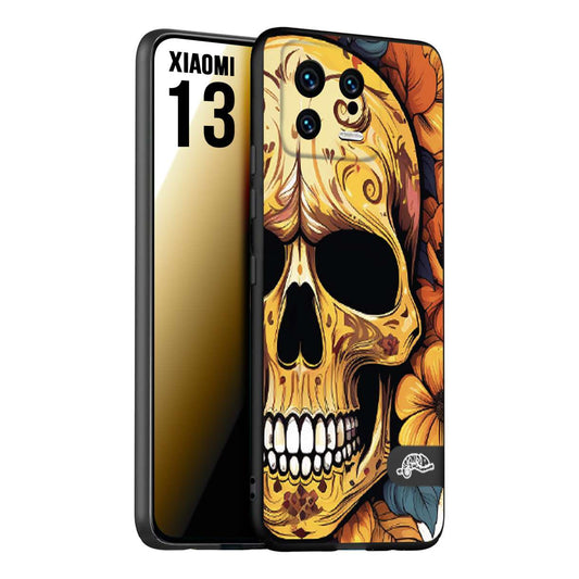 CUSTOMIZZA - Custodia cover nera morbida in tpu compatibile per Xiaomi 13 teschio messicano colorato dorato fiori autunnali disegnato