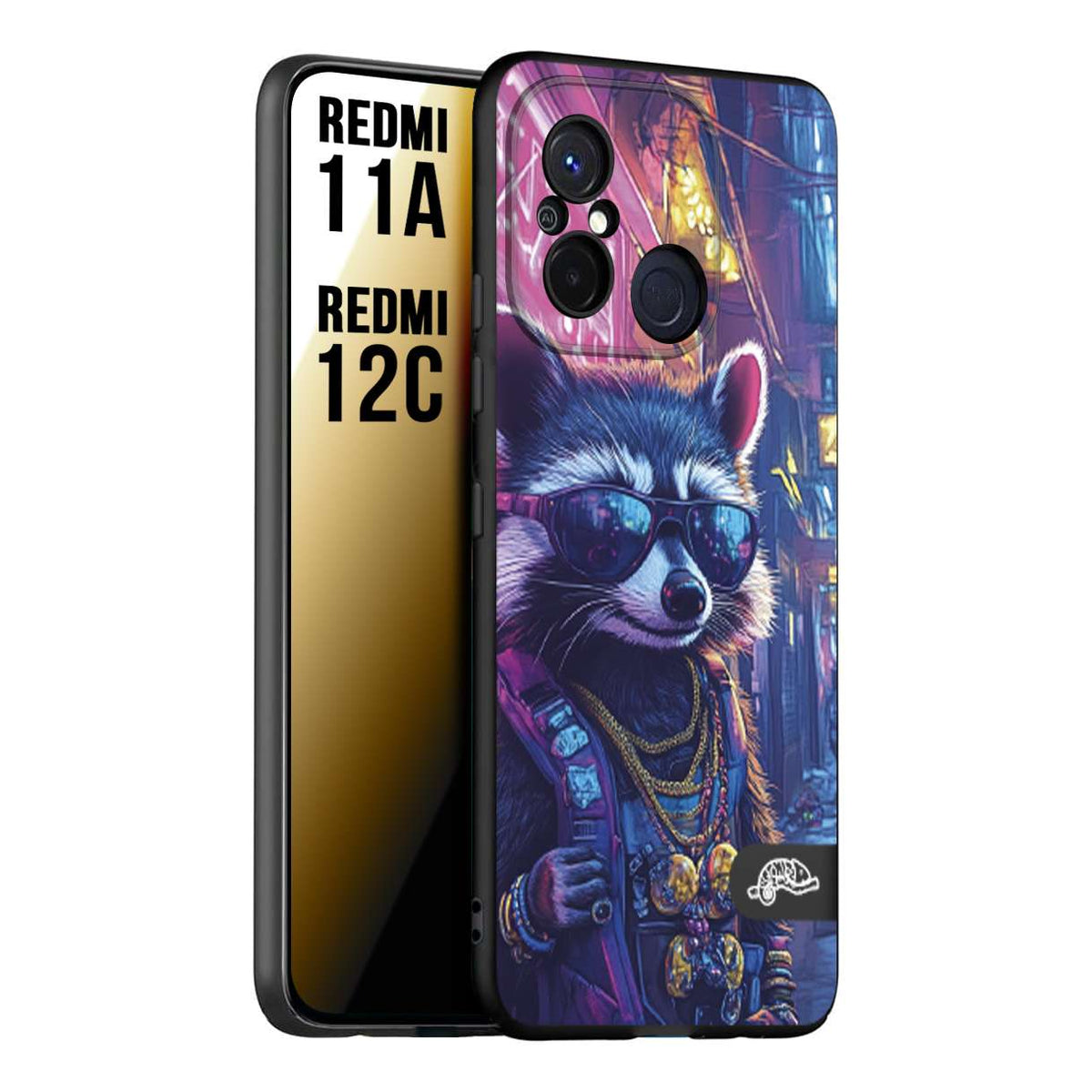 CUSTOMIZZA - Custodia cover nera morbida in tpu compatibile per Xiaomi Redmi 11A - 12C animali simpatici cyberpunk procione racoon street cat fucsia blu giallo
