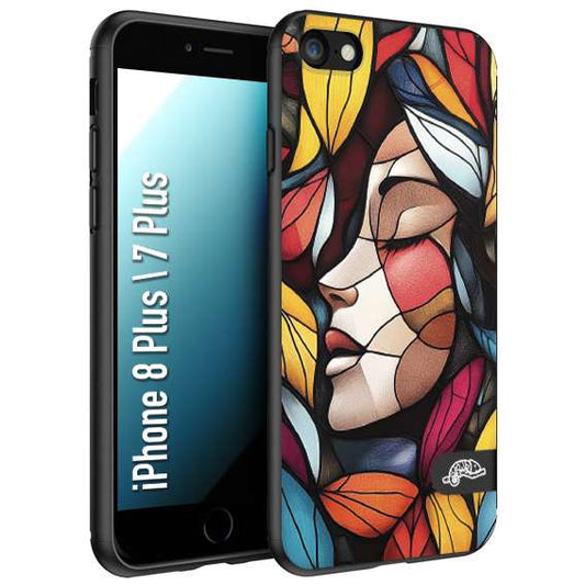 CUSTOMIZZA - Custodia cover nera morbida in tpu compatibile per iPhone 7 PLUS - 8 plus Vetrata artistica volto di donna profilo fogliare mosaico di vetro colorato