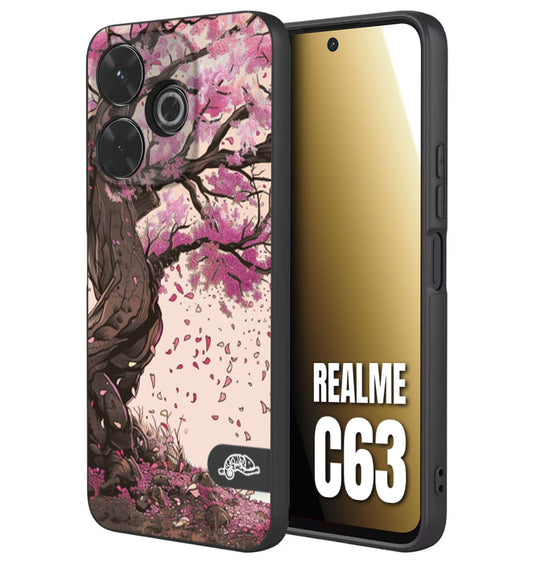 CUSTOMIZZA - Custodia cover nera morbida in tpu compatibile per Realme C63 giapponese colori morbidi fiori di ciliegio rosa disegnata