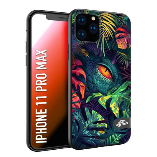 CUSTOMIZZA - Custodia cover nera morbida in tpu compatibile per iPhone 11 PRO MAX animali color giungla tropicale occhio di coccodrillo alligatore disegnato