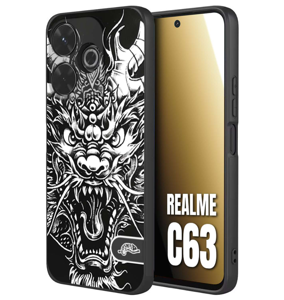 CUSTOMIZZA - Custodia cover nera morbida in tpu compatibile per Realme C63 drago black and white bianco a rilievo disegnato tattoo tatuaggio