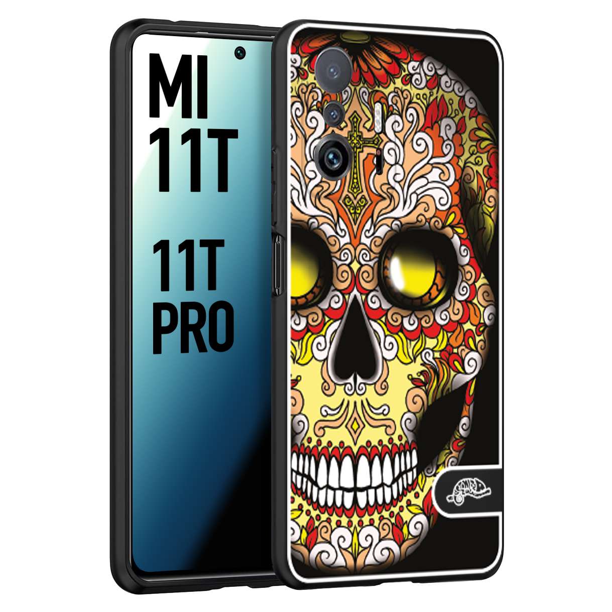 CUSTOMIZZA - Custodia cover nera morbida in tpu compatibile per Xiaomi Mi 11T - Mi 11T PRO teschio messicano Mexican skull giallo rosso arancio