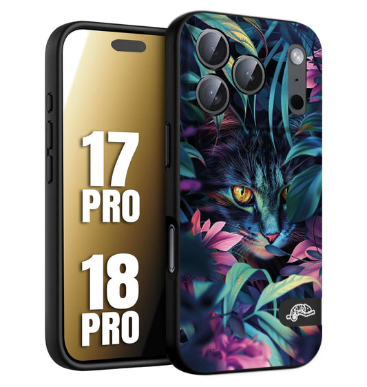 CUSTOMIZZA - Custodia cover nera morbida in tpu compatibile per iPhone 17 PRO - 18 PRO animali color giungla tropicale occhio di gatto colori vibranti disegnato