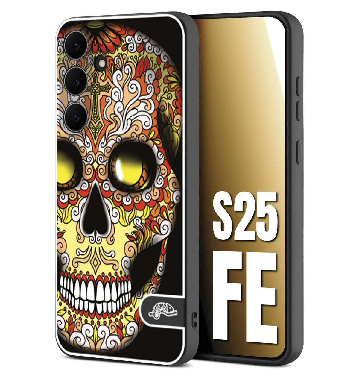 CUSTOMIZZA - Custodia cover nera morbida in tpu compatibile per Samsung S25 FE teschio messicano Mexican skull giallo rosso arancio