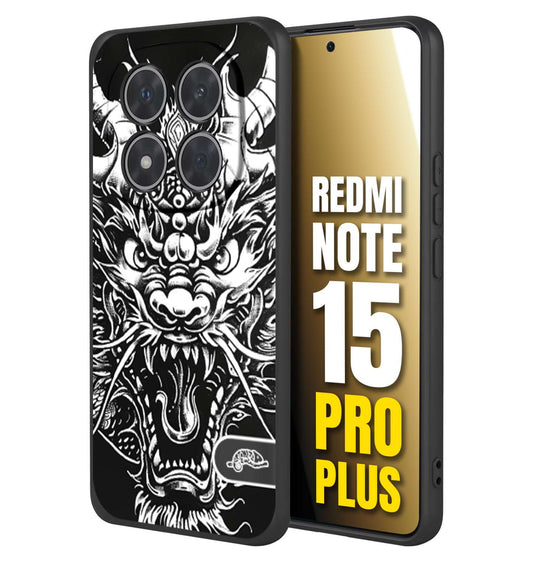 CUSTOMIZZA - Custodia cover nera morbida in tpu compatibile per Xiaomi Redmi Note 15 PRO PLUS drago black and white bianco a rilievo disegnato tattoo tatuaggio