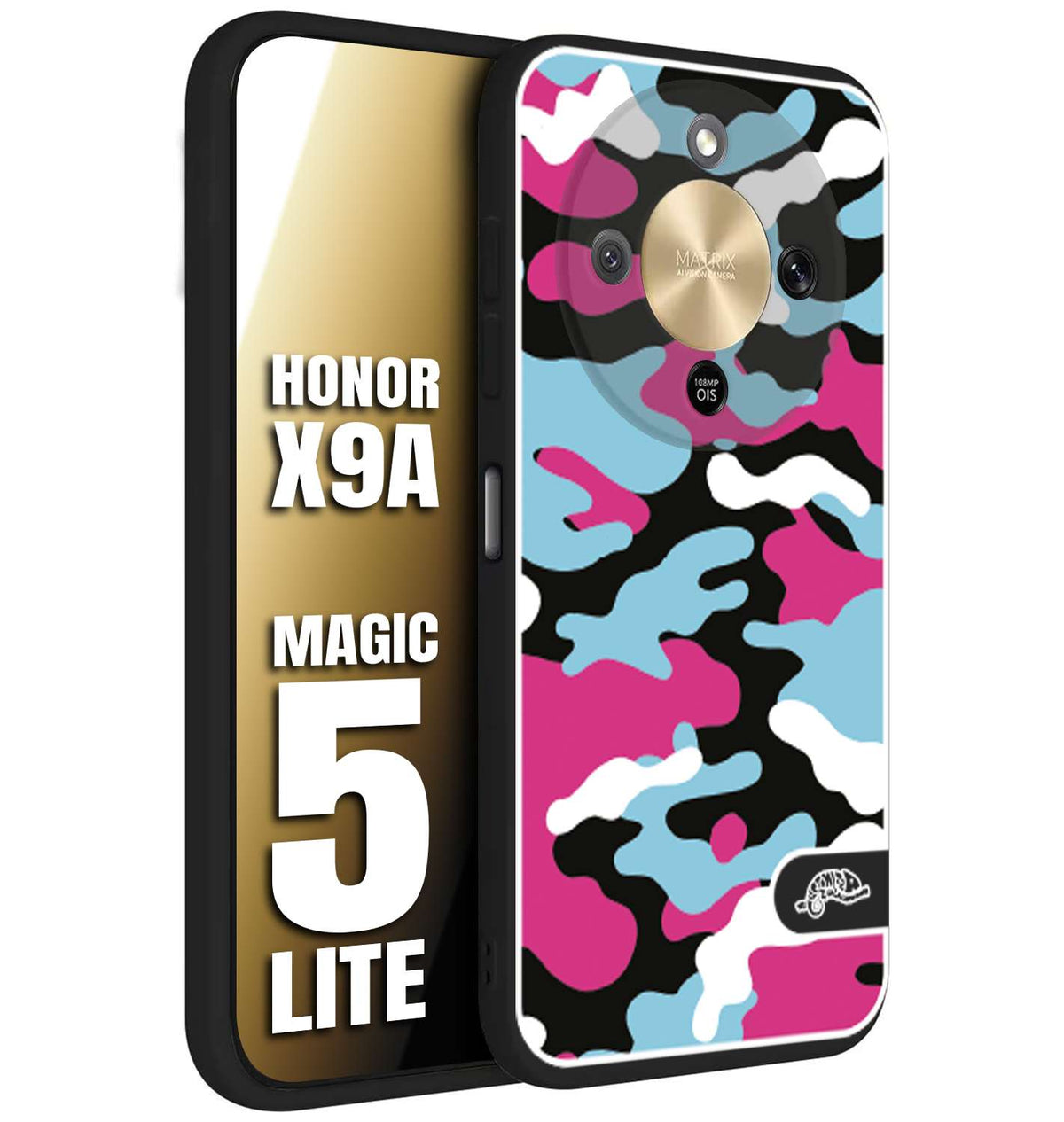 CUSTOMIZZA - Custodia cover nera morbida in tpu compatibile per Honor X9A - Honor Magic 5 Lite camouflage mimetico militare fucsia celeste