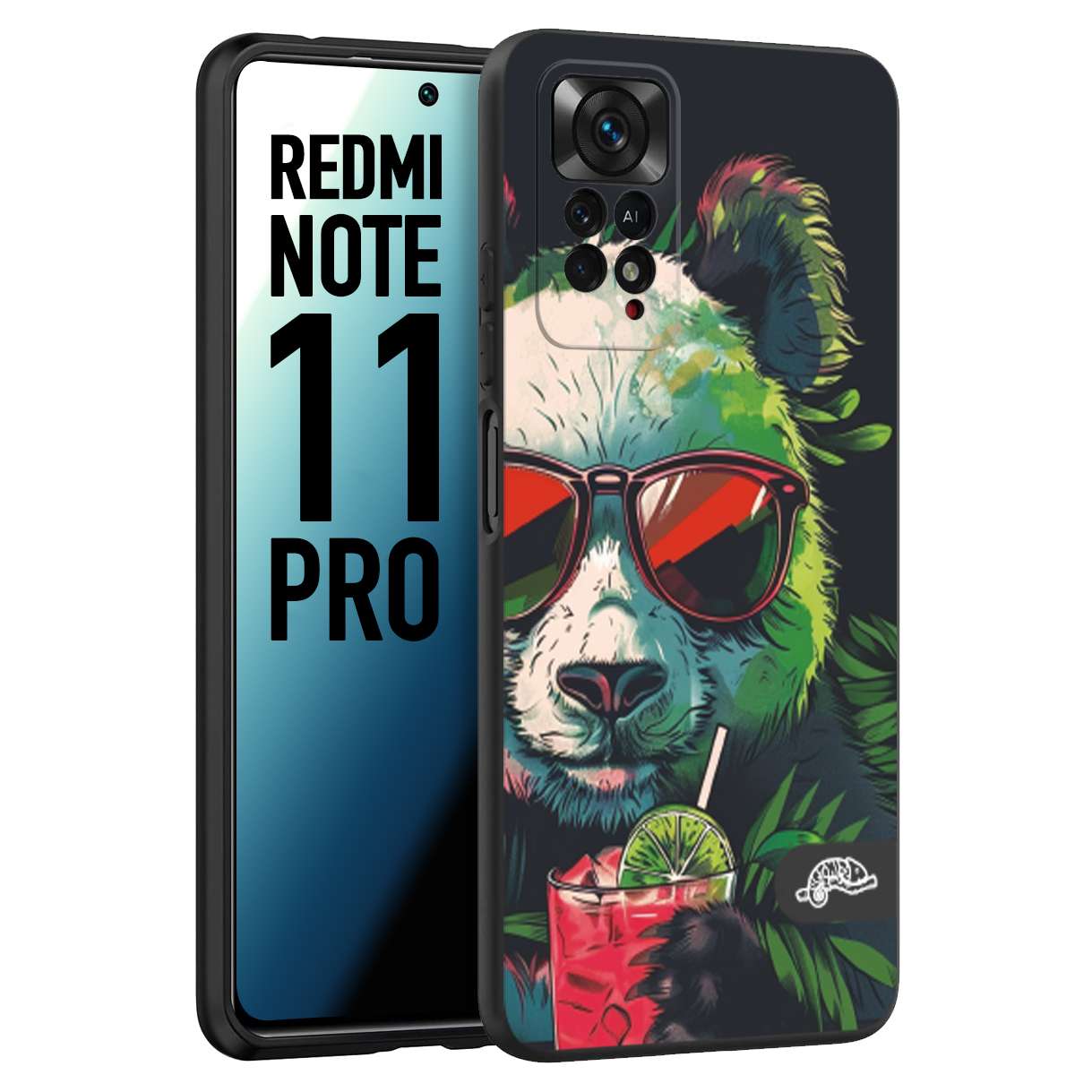 CUSTOMIZZA - Custodia cover nera morbida in tpu compatibile per Xiaomi Redmi Note 11 PRO estate disegnata cocktails animali simpatici panda mojito