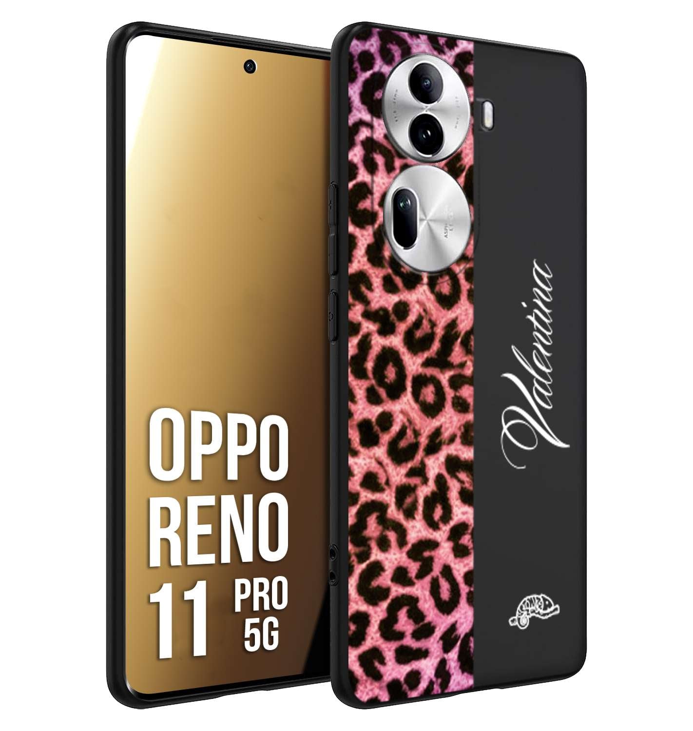 CUSTOMIZZA - Custodia cover nera morbida in tpu compatibile per Oppo Reno 11 PRO 5G leopardato rosa fucsia personalizzata nome iniziali